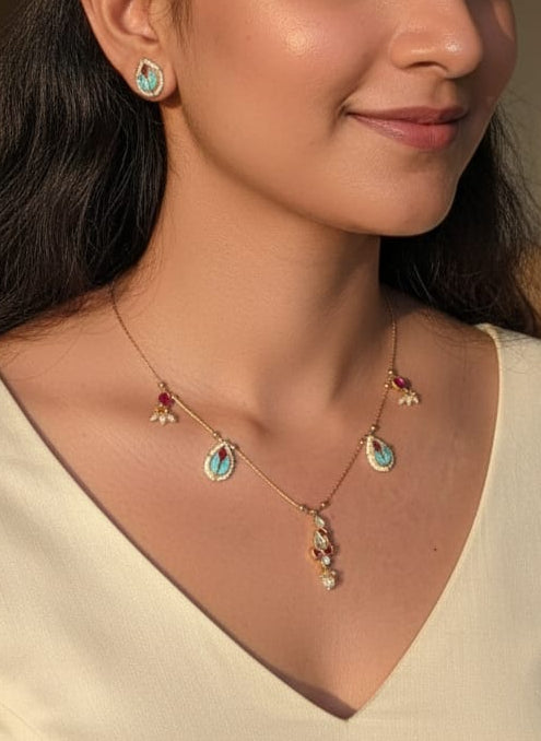 Turquoise Jadau Silver Invisible necklace set