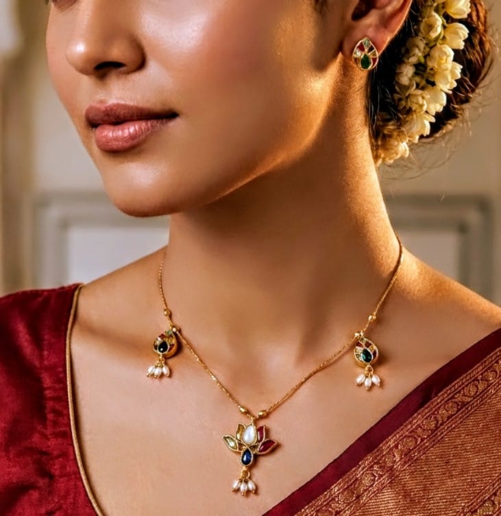 Navratna Jadau Invisible necklace set