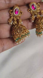 Padma (पद्मा) Jhumka Earrings | 92.5 Silver, Antique-Gold Polish, Emerald & Pearl Temple Jewellery