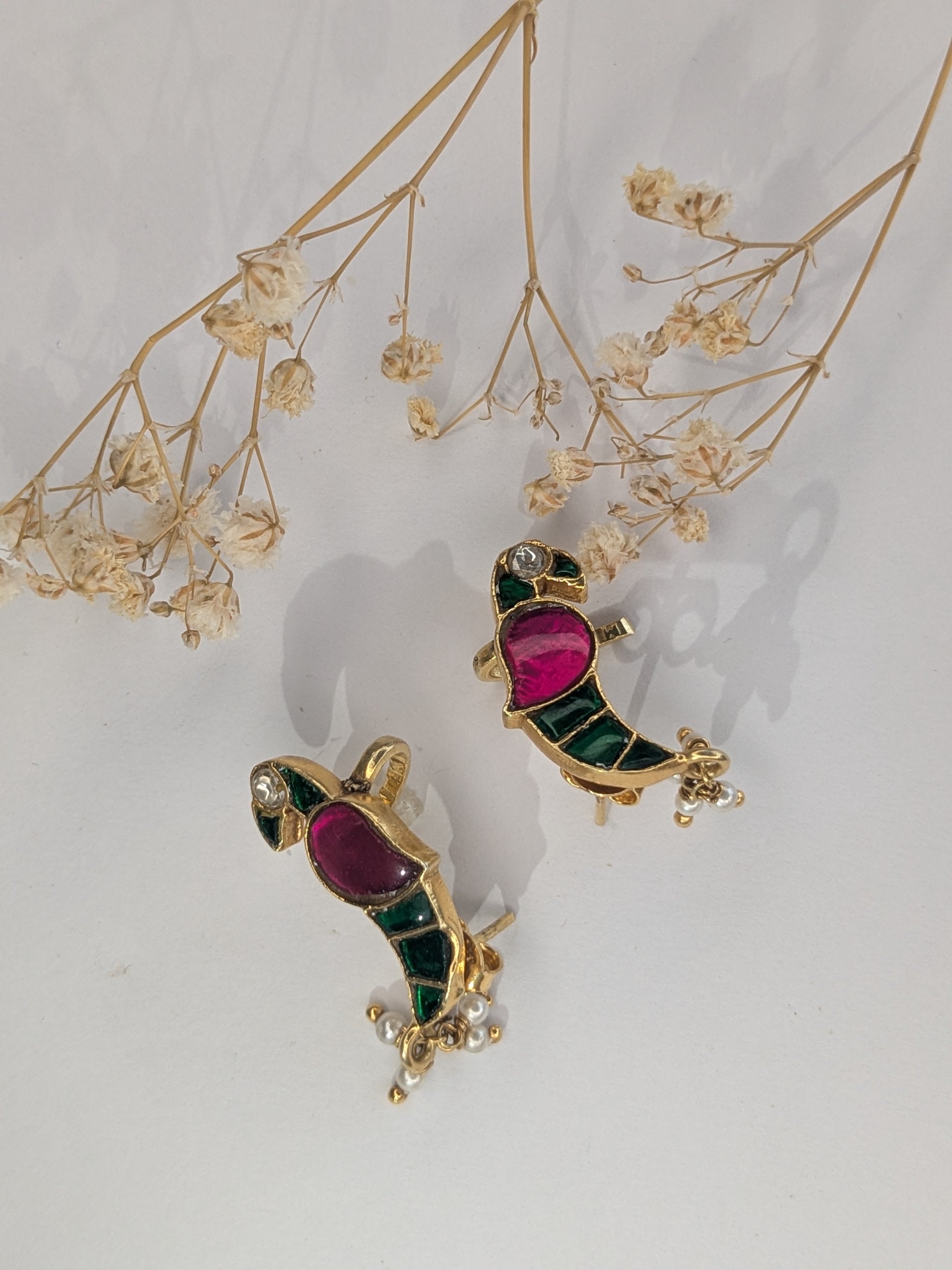Leela (लीला) Ear Cuffs | 92.5 Silver with Gold Polish, Jadau Enamel & Pearl Accents
