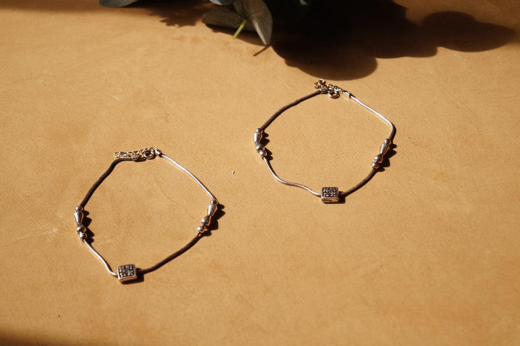 Geometric Rhodium-Plated Anklets