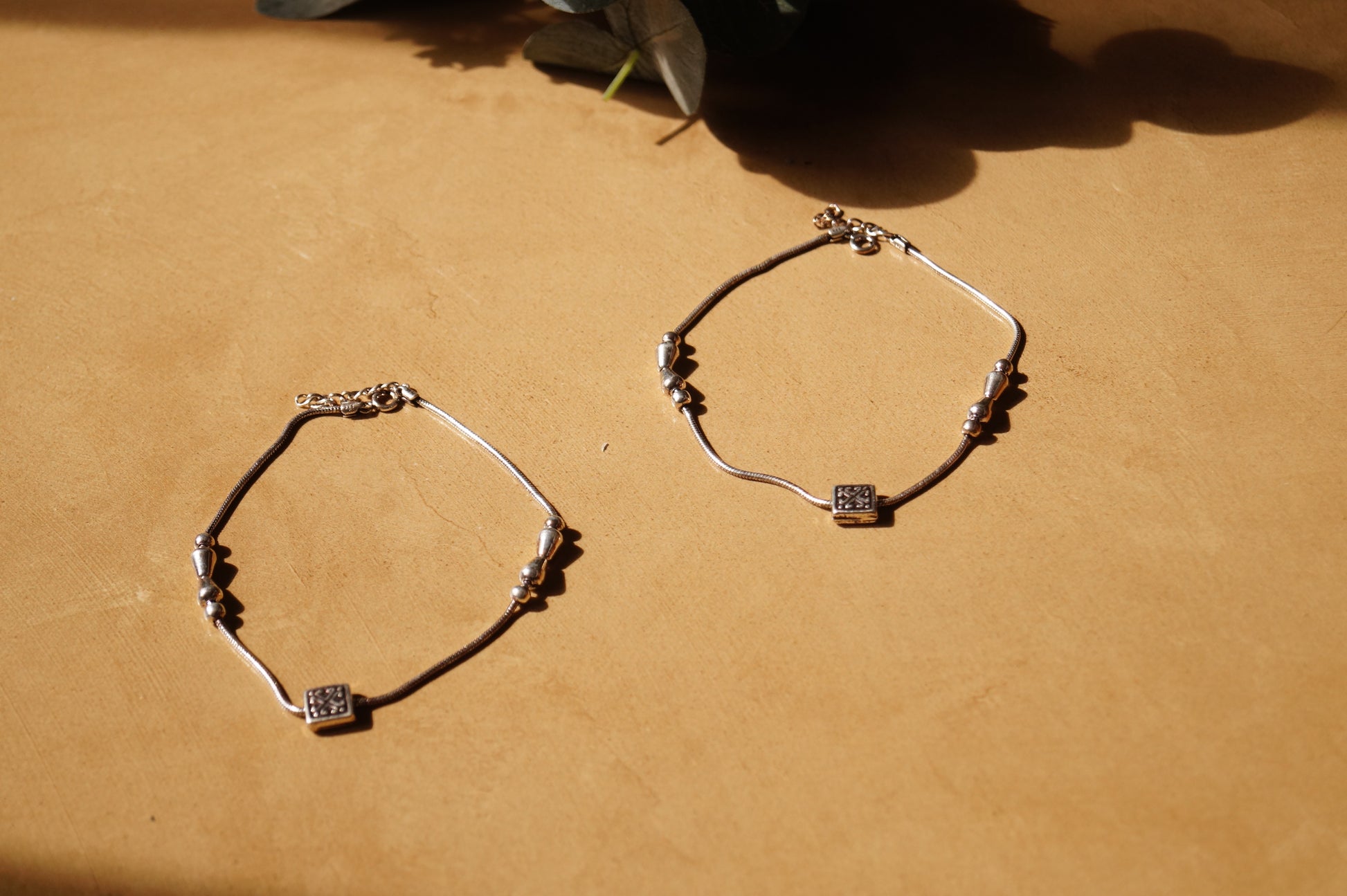 Geometric Rhodium-Plated Anklets