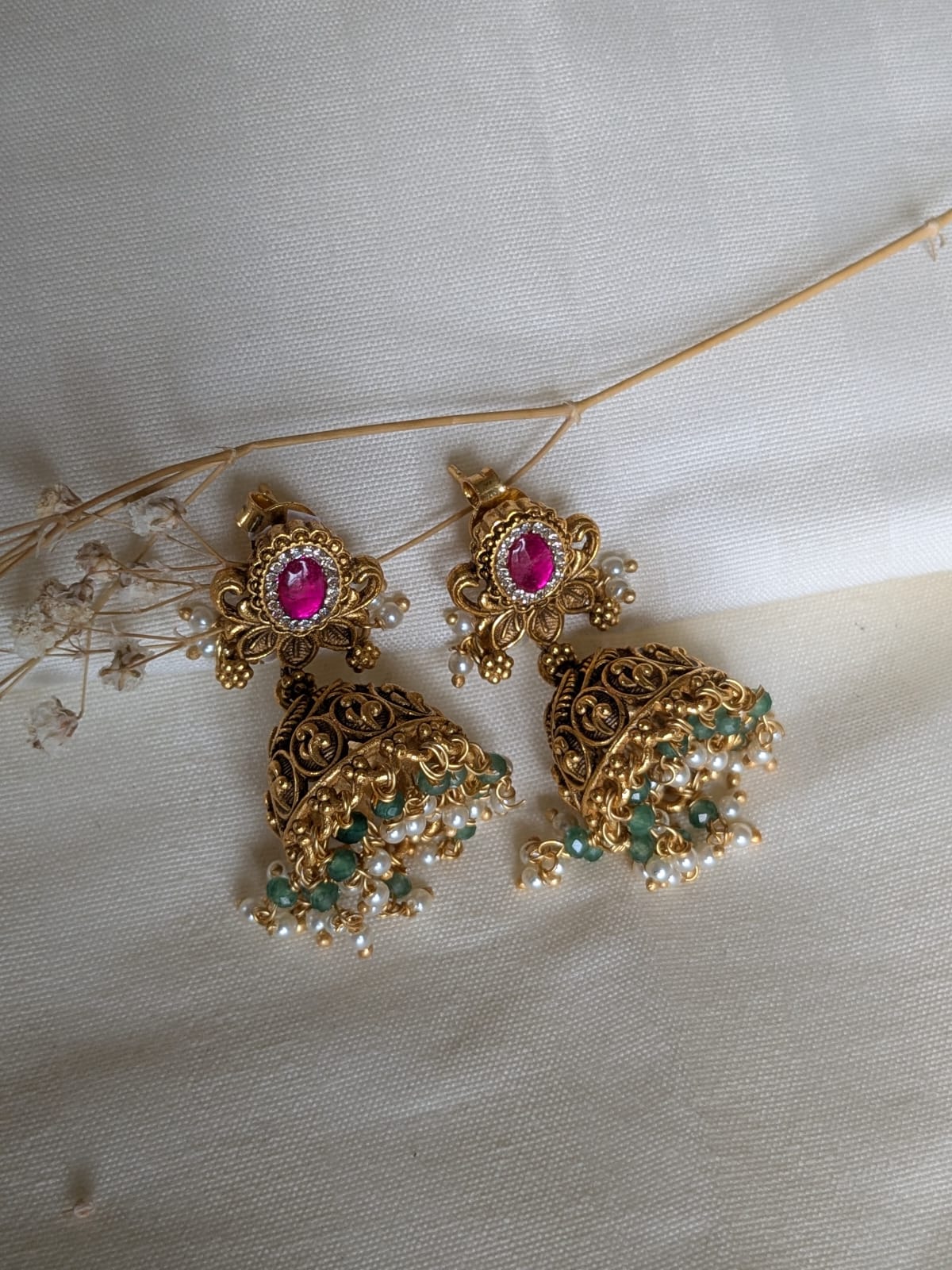 Padma (पद्मा) Jhumka Earrings | 92.5 Silver, Antique-Gold Polish, Emerald & Pearl Temple Jewellery