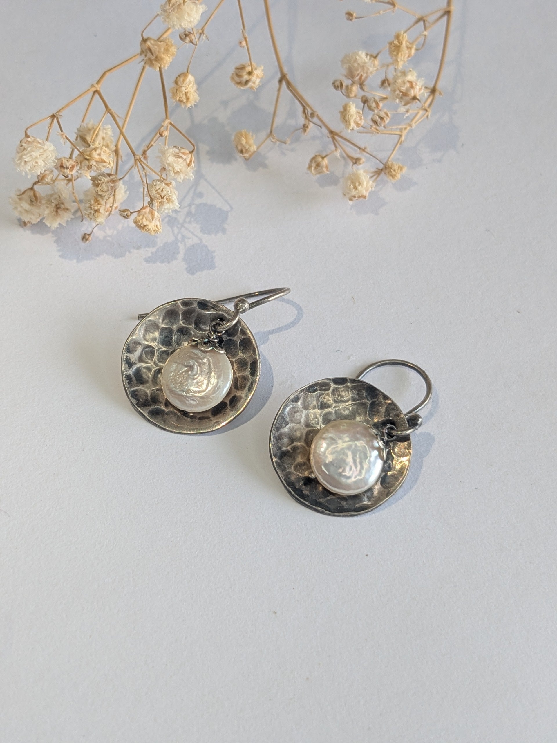 925 silver, hammered silver with raw pearl earrings, drop earrings, minimal pure silver earrings, hallmarked 