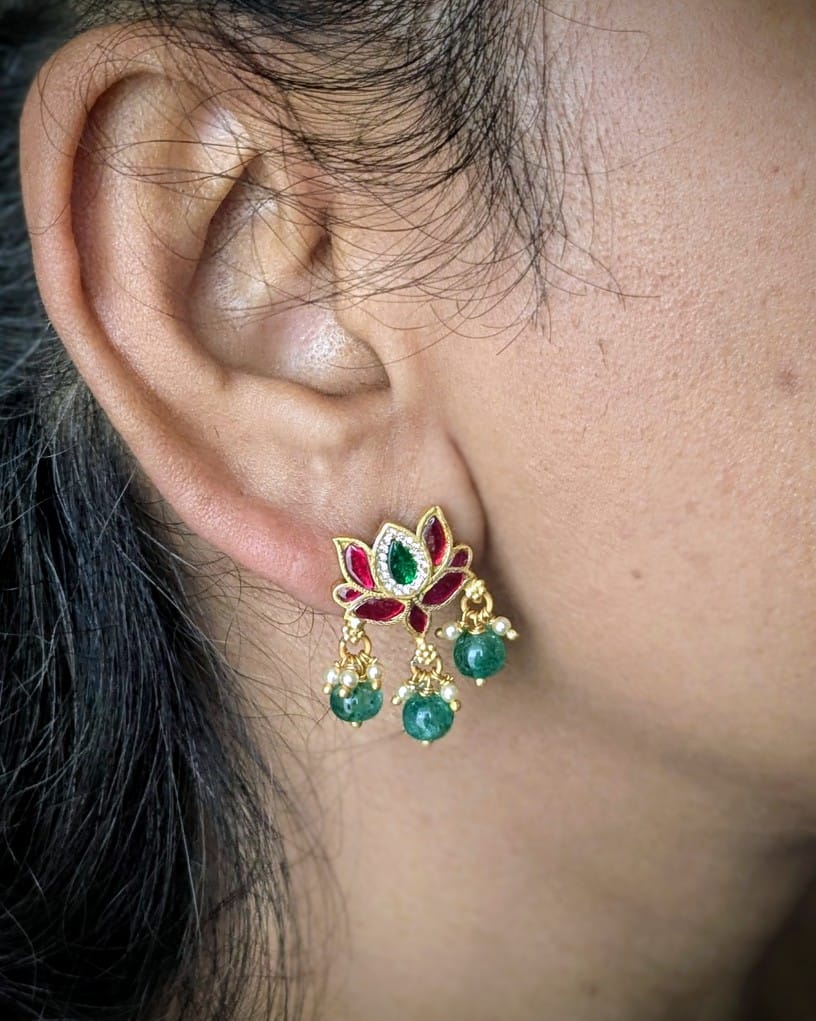 Kamal | कमल 92.5 Silver Lotus-Inspired Jhumkas with Green Pearl Drops