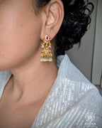 Padma (पद्मा) Jhumka Earrings | 92.5 Silver, Antique-Gold Polish, Emerald & Pearl Temple Jewellery