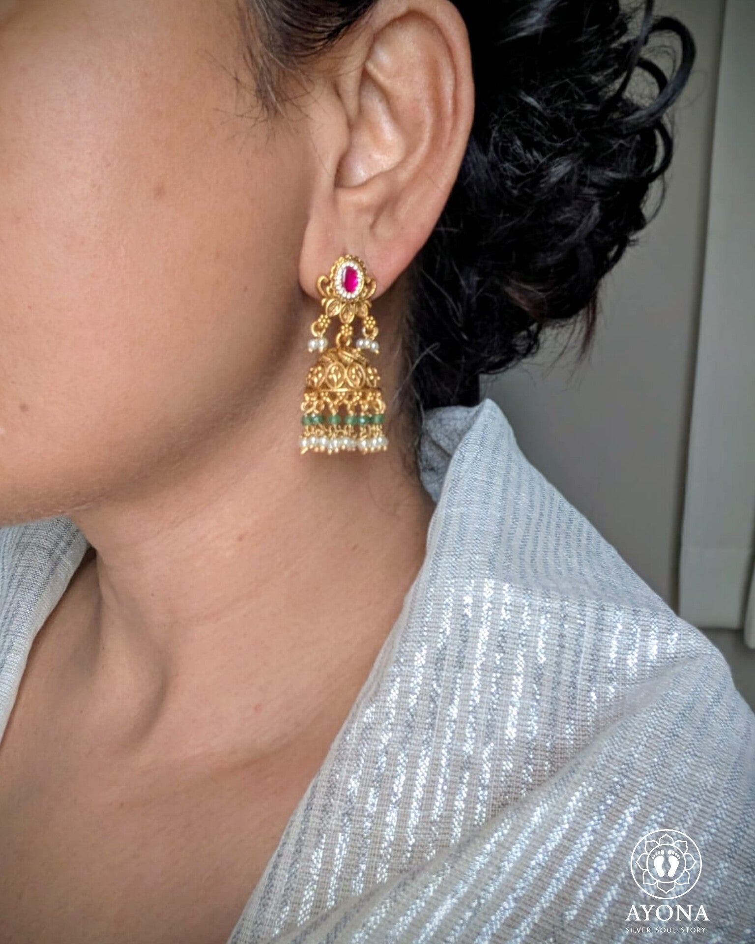 Padma (पद्मा) Jhumka Earrings | 92.5 Silver, Antique-Gold Polish, Emerald & Pearl Temple Jewellery