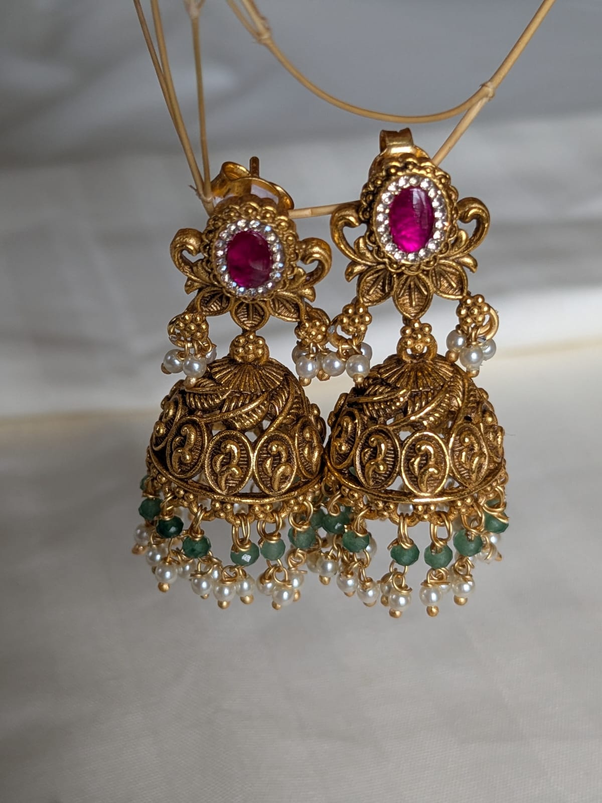 Padma (पद्मा) Jhumka Earrings | 92.5 Silver, Antique-Gold Polish, Emerald & Pearl Temple Jewellery