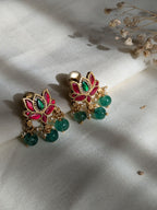 Kamal | कमल 92.5 Silver Lotus-Inspired Jhumkas with Green Pearl Drops