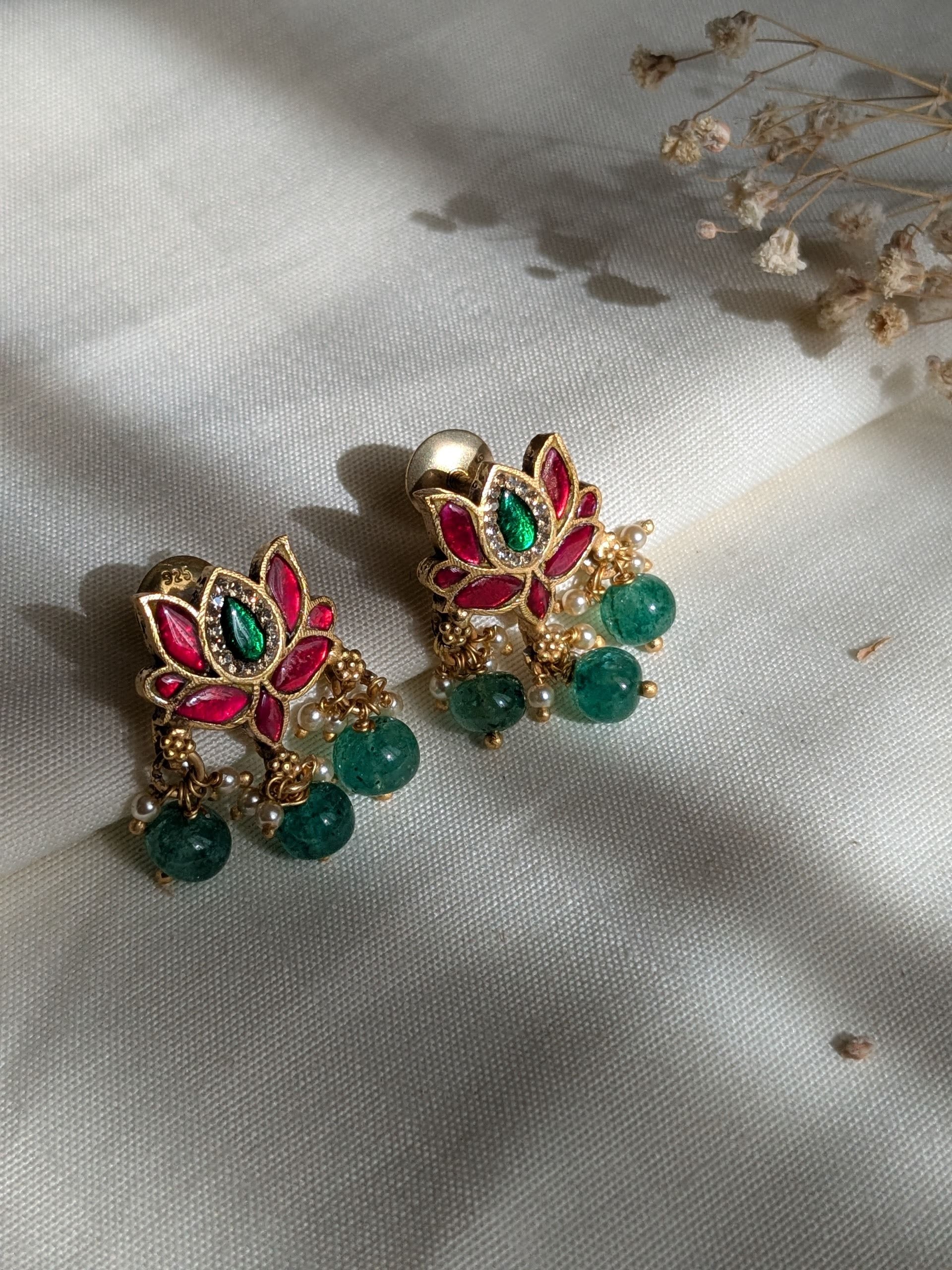 Kamal | कमल 92.5 Silver Lotus-Inspired Jhumkas with Green Pearl Drops
