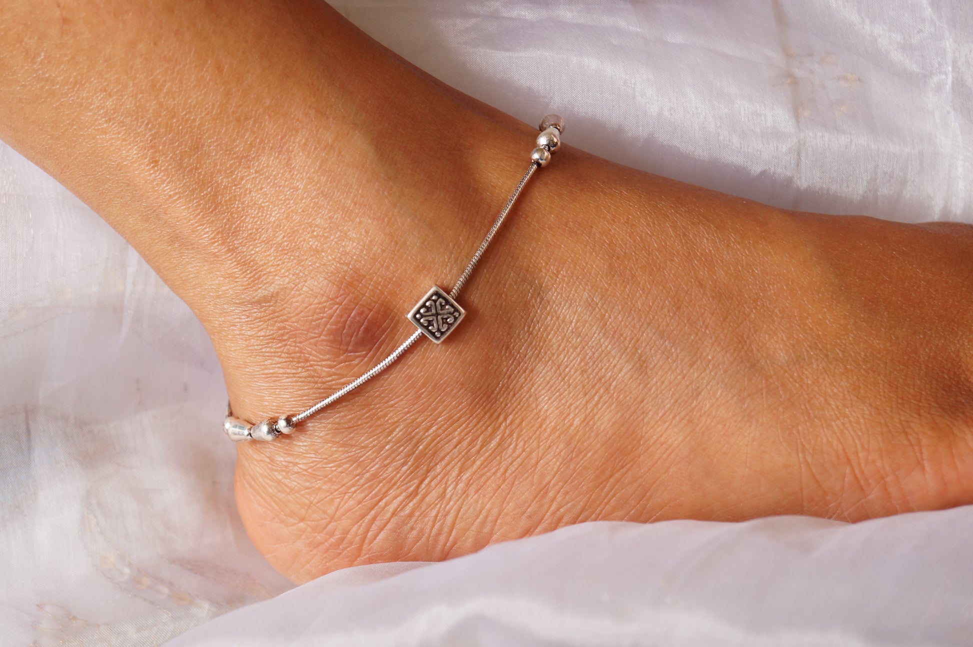 Geometric Rhodium-Plated Anklets