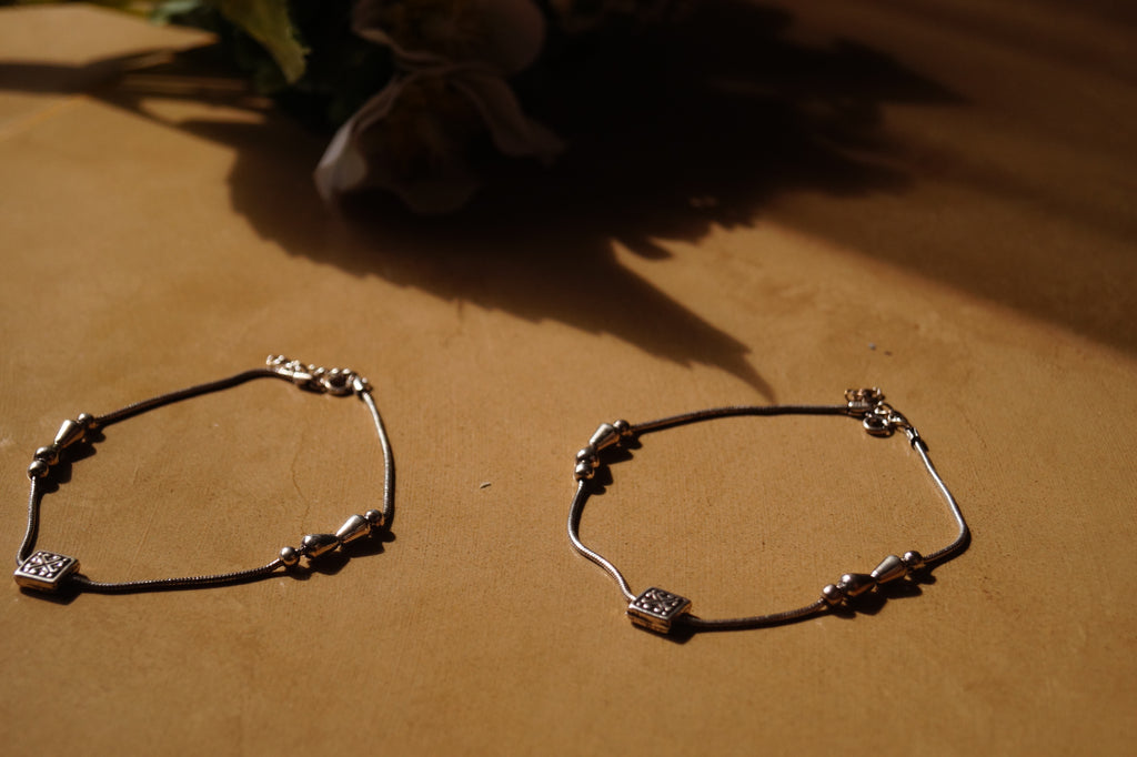 Geometric Rhodium-Plated Anklets