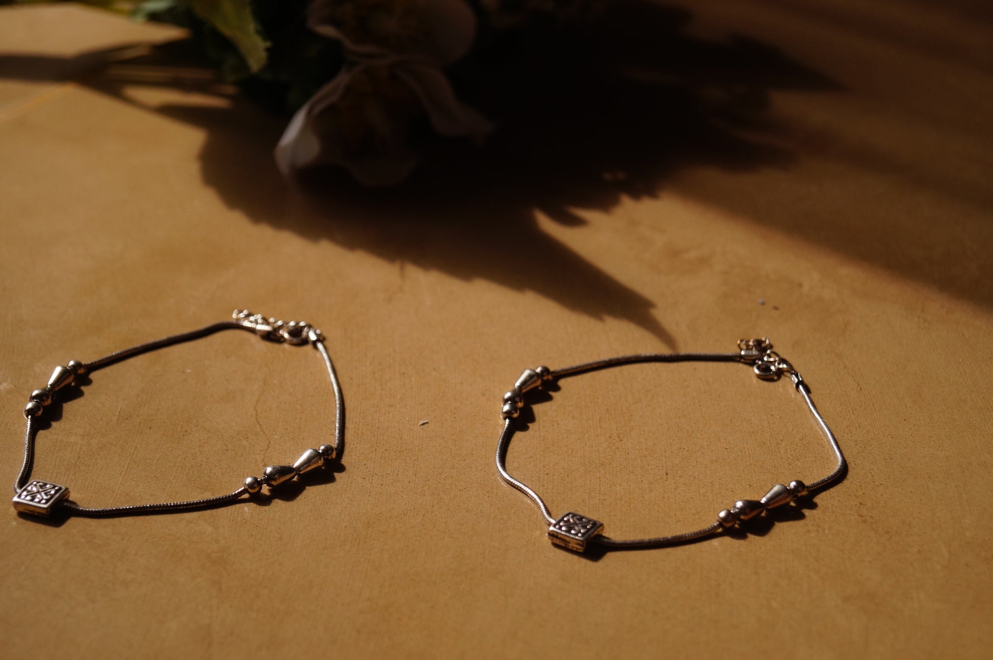Geometric Rhodium-Plated Anklets