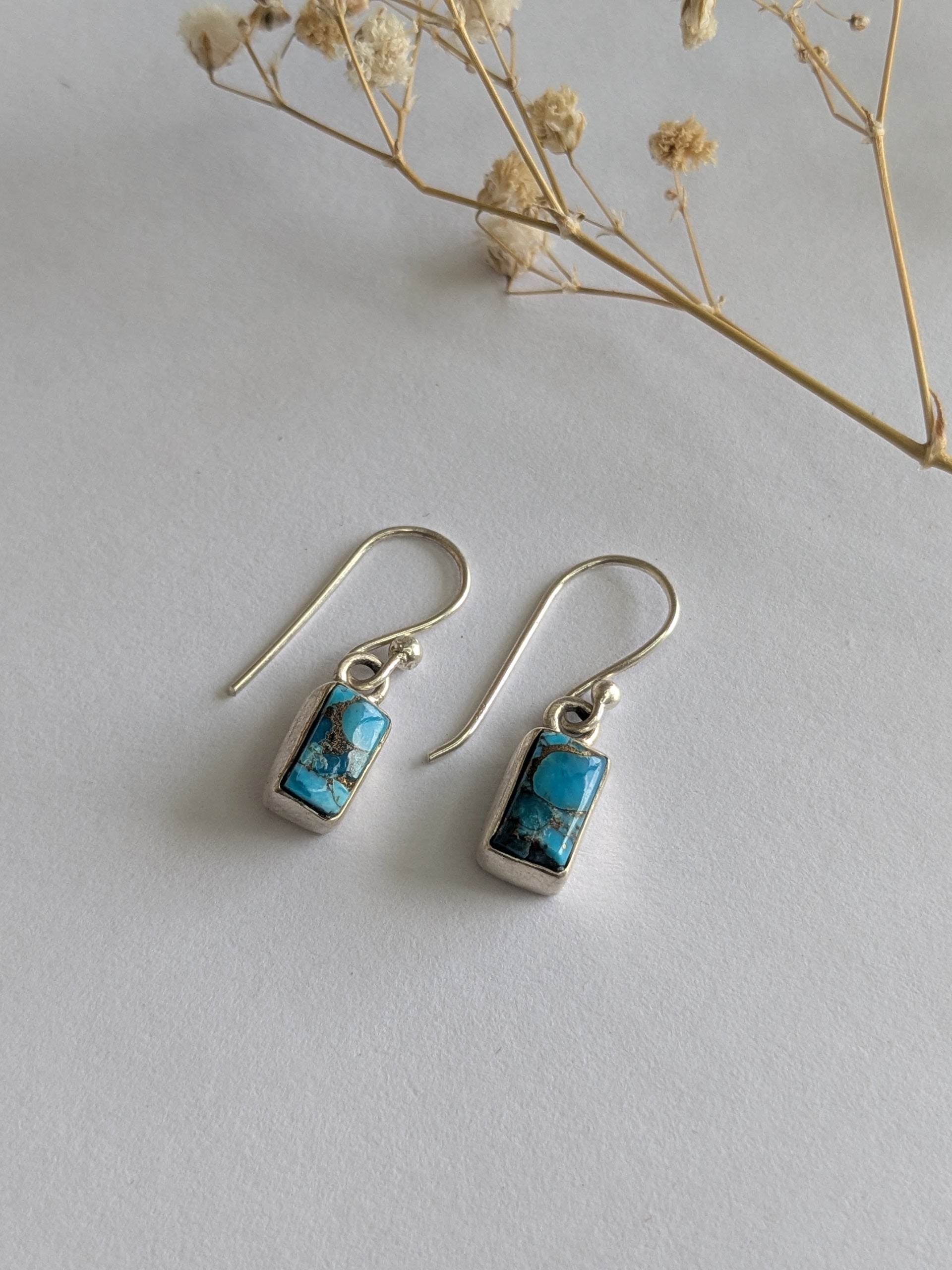 925 silver earrings, small daily wear earrings, minimal turquoise rectangular gemstone earrings.